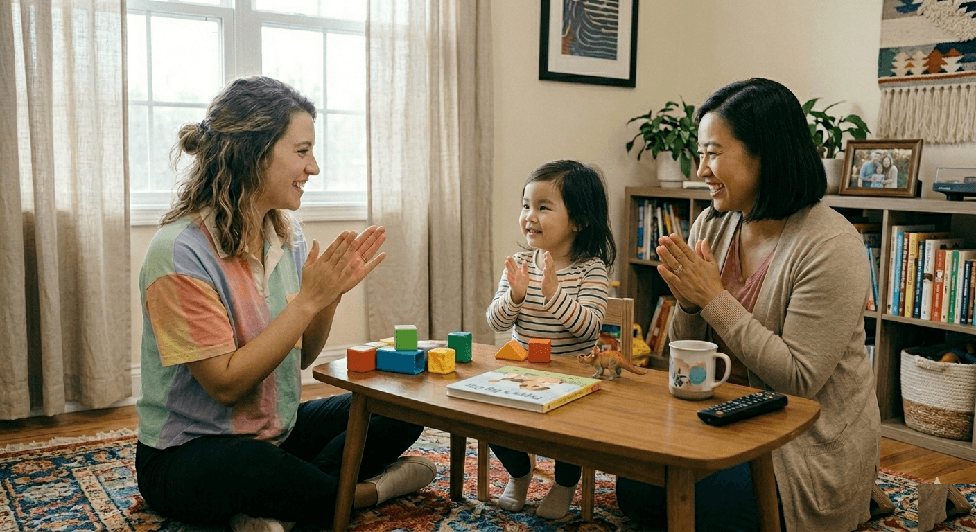 Speech therapist working with a young child and parent during a session